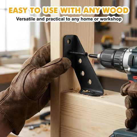 Installing stainless steel L bracket on wood with drill, featuring 88PCS L Brackets for Shelves,4 Sizes Angle Corner Braces Metal L Bracket Heavy Duty for Wood,Stainless Steel Furniture Corner Connector, Corner Brackets for Wood (0.97,1.55,2.44) designed for smooth motion and stable alignment in automation.