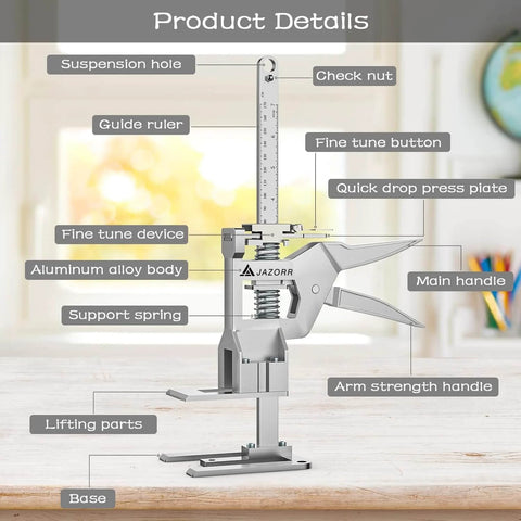 ✝️ 2Pcs Metal Labor Saving Arm Jack with guide ruler, aluminum alloy body, and arm strength handle, shown with detailed labels