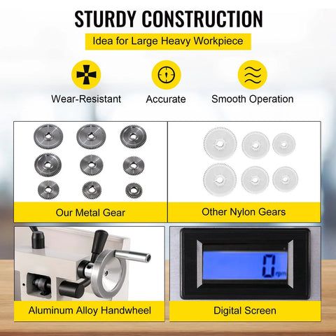 Comparison of metal and nylon gears, aluminum alloy handwheel, and digital screen for 8 X 14 Inch Mini Metal Lathe with Variable Speed 2250 RPM 600W Motor.