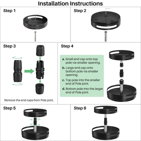 Installation instructions for Two Tier Height Adjustable Lazy Susan Spice Rack showing step-by-step assembly of metal turntable organizer.