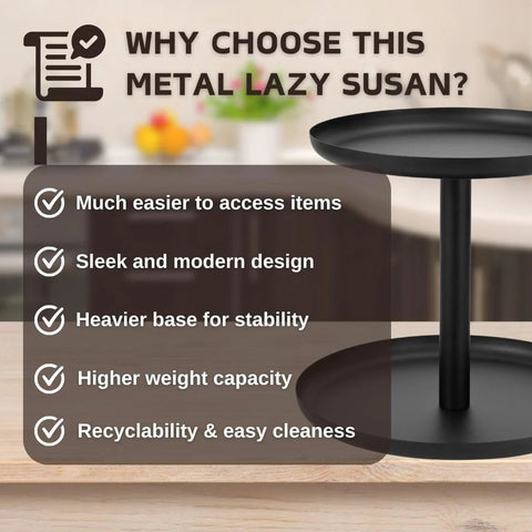 Two Tier Metal Lazy Susan Organizer Rotating Spice Rack For Kitchen Pantry And Countertop Made From 1.2mm Cold Rolled Steel With Powder Coated Finish For Moisture Resistance Smooth 360 Degree Rotation Top 9 Inch Bottom 11 Inch Diameters Black with benefits overlay