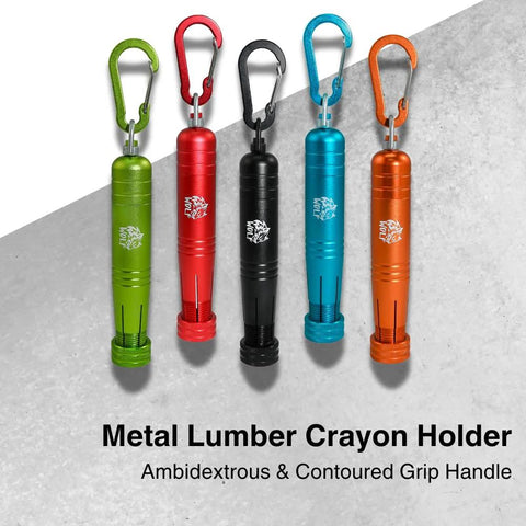 Durable metal lumber crayon holder with an ambidextrous contoured grip, showing multiple holder colors with carabiner clips.