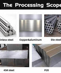 Various metal types including stainless steel, copper, aluminum, die steel, 45# steel, and P20 in different forms.