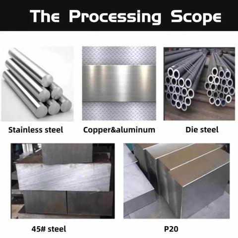 Various metal types including stainless steel, copper, aluminum, die steel, 45# steel, and P20 in different forms.