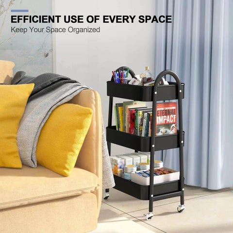 Versatile 3 Tier Rolling Cart With Mesh Baskets Lockable Wheels Metal Storage Cart in living room beside a sofa