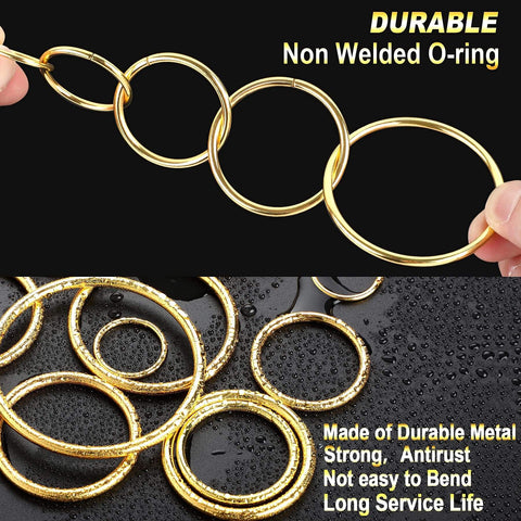 Gold Metal O Rings Set 60 Pcs In 6 Sizes Multi Purpose Buckle Loop Rings For Hardware Bags DIY Keychains Belts Craft Projects 15mm 20mm 25mm 32mm 38mm 50mm
