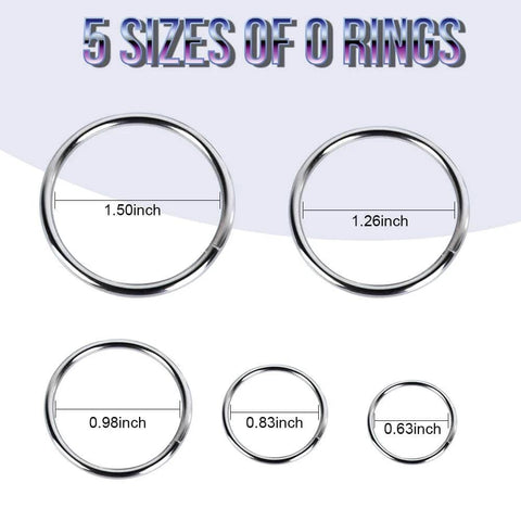 Five sizes of Metal O Rings Set 50 Pieces Non Welded Silver O Ring Assortment in 5 Sizes 16mm 21mm 25mm 32mm 38mm.