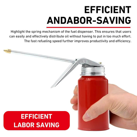 Hand holding Two Pack Metal Hand Pump Oil Can For Cars And Motorcycles, 200 Ml Universal Motor Oil Dispenser with spout, ergonomic design