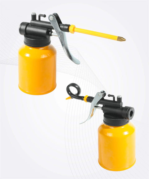Oil Can Pump Oiler for Automotive Maintenance and Mechanical Repair with long flex spout and metal body, front and side view