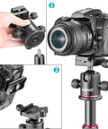 Professional Metal 360 Degree Rotating Panoramic Ball Head With One Quarter Inch Quick Release Plate And Bubble Level Three Adjustment Knobs Three Eighth Inch Bottom Thread Supports Up To Seventeen Point Six Pounds Or Eight Kilograms For Tripod Monopod displayed with camera mounted.