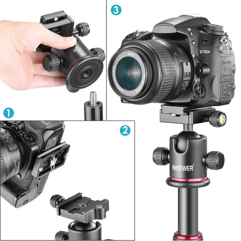 Professional Metal 360 Degree Rotating Panoramic Ball Head With One Quarter Inch Quick Release Plate And Bubble Level Three Adjustment Knobs Three Eighth Inch Bottom Thread Supports Up To Seventeen Point Six Pounds Or Eight Kilograms For Tripod Monopod displayed with camera mounted.