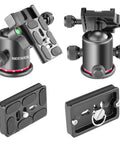 Professional Metal 360 Degree Rotating Panoramic Ball Head with Quick Release Plate, Bubble Level, Three Adjustment Knobs, shown in parts
