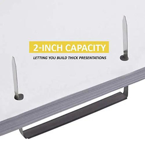Close-up of a premium metal prong paper fastener with 2-inch capacity per prong for thick presentations, OLYMPX.