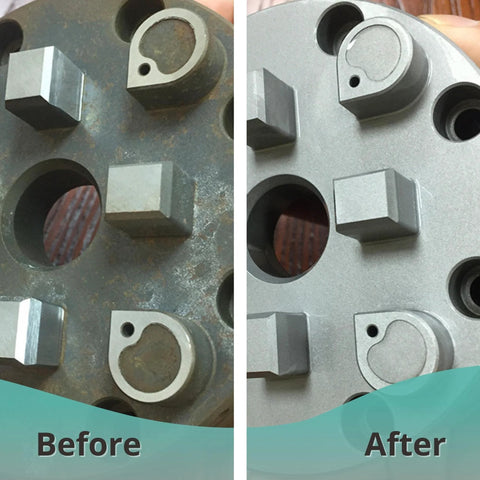 Comparison of metal surface before and after using efficient #80 aluminum oxide blast media for rust removal and surface prep.