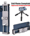 Full Metal Tablet Tripod Holder With Universal Clamp and Arca Swiss Dovetail Mounts, showcasing compatibility with smartphones and tablets.
