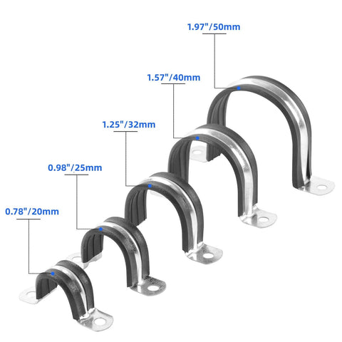 Various sizes of pipe clamps with rubber cushions for pipe fixing, showcasing 1 Inch Reinforced Rigid Pipe Strap U Bracket Cable Clamp Hanger