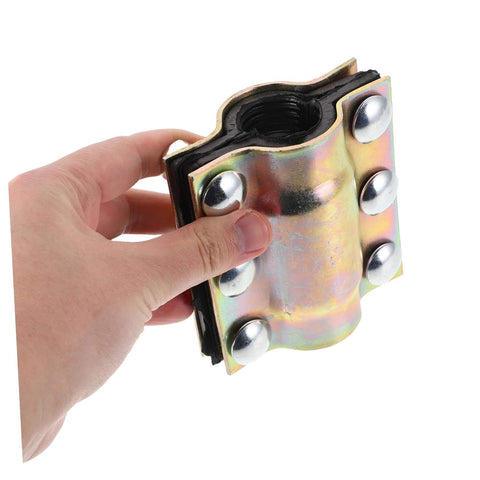 Hand holding Pipe Leak Sealer Clamp For Plumbing Repair Kit Fits PE PPR Steel And Iron Pipes Emergency Fix For Home DIY And Professional Use Durable Reliable Repair Solution Now, showing metal pipe clamp with bolts.