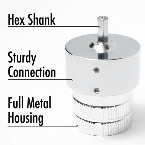 Close-up of All Metal Pipe Deburring And Reaming Tool For Copper Pipe And PVC Tubing With Drill Adaptor Pro Grade 1/4 To 1 5/8 Inch Inner And Outer Chamfer Bevel Tool Vouyar showing hex shank and full metal housing.