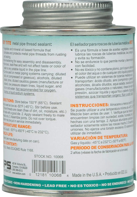 Back view of Weld On 10068 505 Key Tite Heavy Duty Metal Pipe Thread Sealant 1/2 Pint 8 Fl Oz with instructions and label.