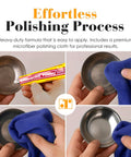 Premium Metal Polish Compound With Cloth 250g application on metal surface for mirror finish restoration process, four-step guide.