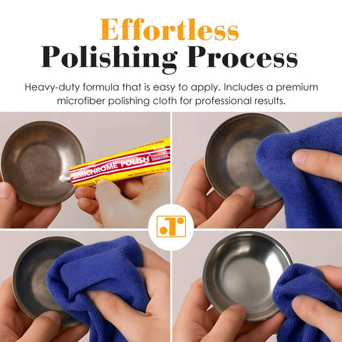 Premium Metal Polish Compound With Cloth 250g application on metal surface for mirror finish restoration process, four-step guide.