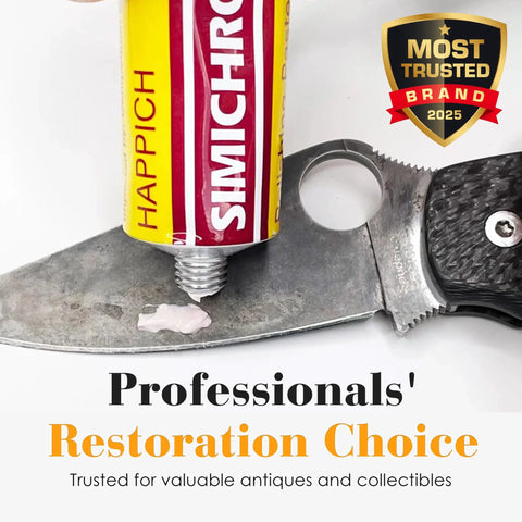 Premium Metal Polish Compound With Cloth 250g tube on a metal knife blade for restoration and shine.