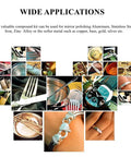 Collage of various metal objects polished with green buffing compound bar for metal polishing wide applications.