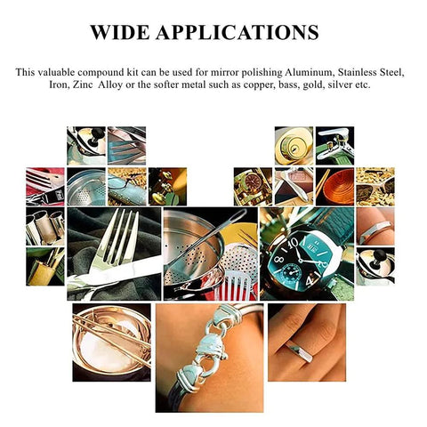 Collage of various metal objects polished with green buffing compound bar for metal polishing wide applications.