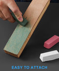 Triple bar metal polishing kit with 4 oz total, featuring green, white, and red compounds applied on a leather strop.