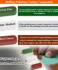 Metal Buffing Polishing Compound Kit 3 Piece For Bright Finishes Includes Green Fine White Medium Red Coarse Compounds For Use With Buffing Wheel On Grinder Or Drill Ideal For Metal Jewelry Auto Parts Hobby Shops And Home Projects product image showing three color-coded compounds and usage demonstration.