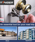 Portable door lock installed on a hotel door with inset images of a motel and apartment building, "All Metal Portable Door Lock For Travelers With Built In Glass Breaker And Seatbelt Cutter Delivers Hotel Apartment And Home Door Security And Privacy Durable Travel Safety Lock For Women And Families"
