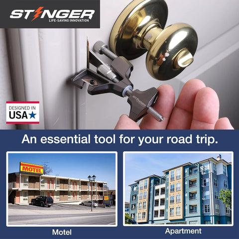 Portable door lock installed on a hotel door with inset images of a motel and apartment building, "All Metal Portable Door Lock For Travelers With Built In Glass Breaker And Seatbelt Cutter Delivers Hotel Apartment And Home Door Security And Privacy Durable Travel Safety Lock For Women And Families"
