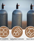 Three metal air cylinders with push button release for scuba gear with text highlighting features, compatible with Mini Pressure Regulator Valve For Water Tanks And Air Cylinders Portable Metal Air Regulator With Push Button Release Compatible With 640G 2.2L 3.3L And 4.4L Tanks Delivers Precise Air Pressure Control And Easy One Hand Operation