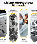 Display of processed materials including stainless steel, precision turning processing, rough machining, and 45# steel.