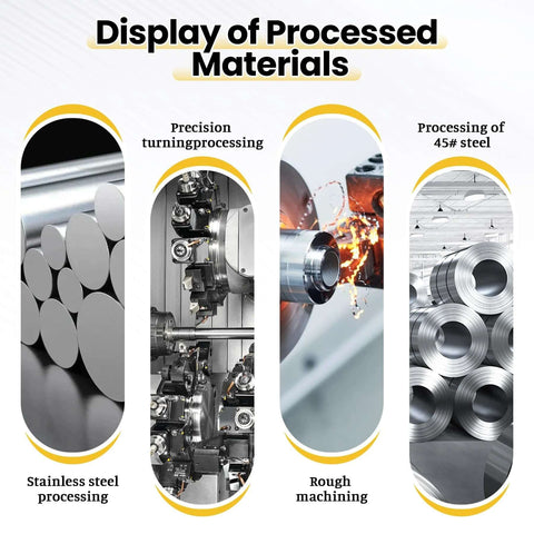 Display of processed materials including stainless steel, precision turning processing, rough machining, and 45# steel.