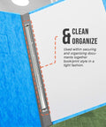 Close-up of Premium 3 Inch Capacity Metal Prong Paper Fasteners Pack Of 50 with 8.5 Inch Base in a blue file folder