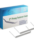 Premium Metal Prong Paper Fasteners With Two Inch Capacity Per Prong And Two And Three Quarter Inch Base For Thick Presentations And File Organization Box Of One Hundred For Office Use OLYMPX, showing fasteners and packaging.