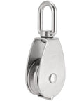 Front view of 6 Pack M50 Single Pulley Block, 304 Stainless Steel Lifting Wire Crane Pulley Roller, Heavy Duty Silver Swivel Hook Single Pulley Block for 0.5 in Wire Rope, Loading 880 Lbs.