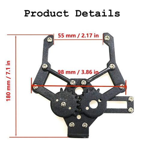Metal Robot Claw Gripper With High Torque Servo dimensions, showcasing mechanical claw arm size for Arduino Raspberry Pi projects.