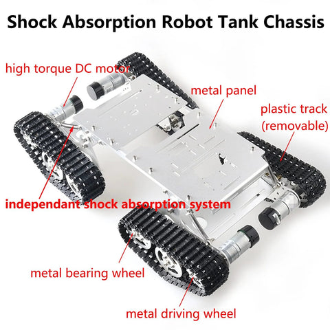 Large Metal 4WD Shock Absorption Robot Tank Chassis Kit with springs, tracks, bearing wheels, and detachable panels, compatible with Arduino Raspberry Pi MicroBit.