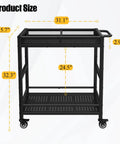 Heavy Duty Service Cart On Wheels With 2-Tier Metal Rolling Utility Cart Fences, dimensions labeled, ergonomic handle visible.