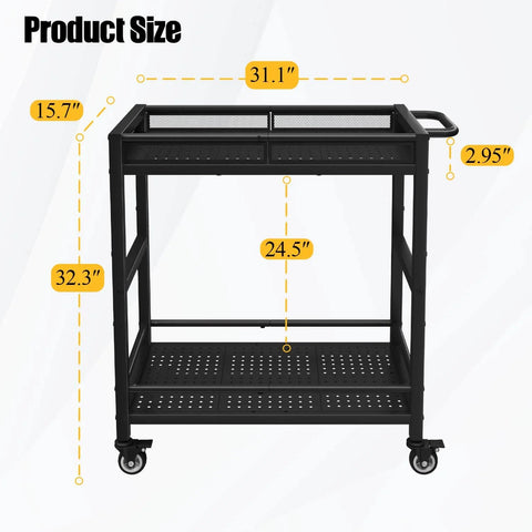 Heavy Duty Service Cart On Wheels With 2-Tier Metal Rolling Utility Cart Fences, dimensions labeled, ergonomic handle visible.