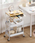 3-Tier Metal Rolling Cart With Wood Top And Drawer, White On Wheels, Multi-Purpose Storage Trolley For Kitchen, Office