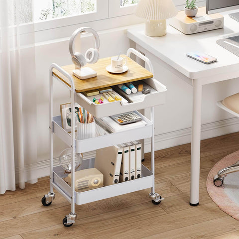 3-Tier Metal Rolling Cart With Wood Top And Drawer, White On Wheels, Multi-Purpose Storage Trolley For Kitchen, Office