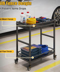 Heavy Duty Service Cart On Wheels With 2-Tier Metal Rolling Utility Cart Fences For Garage Garden Warehouse Tool House Basement 360° Swivel Casters Ergonomic Handle Thick Frame Ultra Sturdy For Heavy Loads