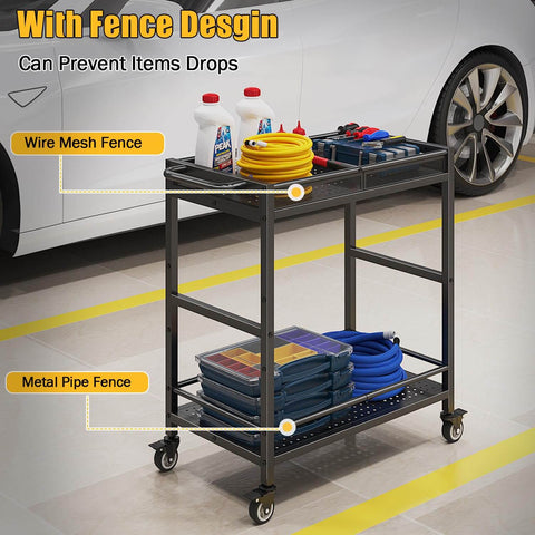 Heavy Duty Service Cart On Wheels With 2-Tier Metal Rolling Utility Cart Fences For Garage Garden Warehouse Tool House Basement 360° Swivel Casters Ergonomic Handle Thick Frame Ultra Sturdy For Heavy Loads