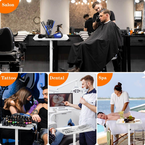 Metal Salon Rolling Tray On Wheels With Adjustable Height From 22 To 39 Inches For Tattoo, Medical, And Dental Use in salon, tattoo, dental, and spa settings.