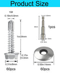 60pcs #10 x 1 Metal Roofing Screws with EPDM Rubber Washers product size dimensions diagram