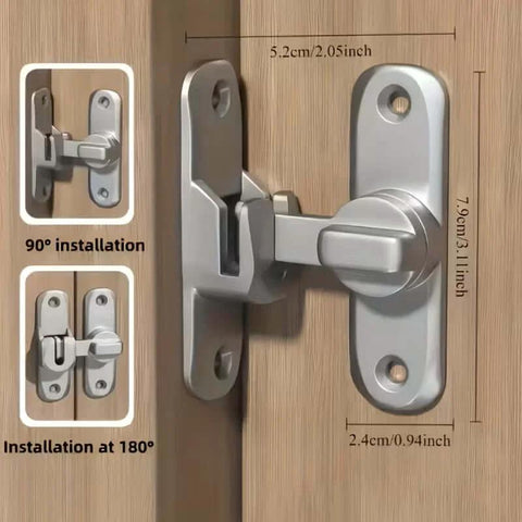 Metal Padlocks 90°/180° Rotating Security Locks for Barn Doors in silver finish, showing installation angles and dimensions.