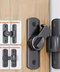 Metal Padlocks 90°/180° Rotating Security Locks for Barn Doors, close-up of black latch on wood with screws included